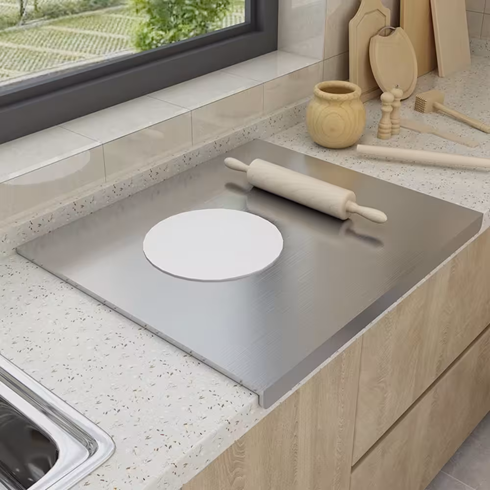 L-shaped cutting board made of stainless steel, large size, double-sided kitchen tool.
