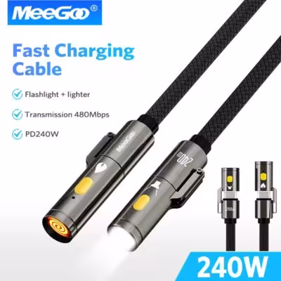 MeeGoo 240W USB Type-C zu Type-C Schnellladekabel mit LED-Taschenlampe und Feuerzeug