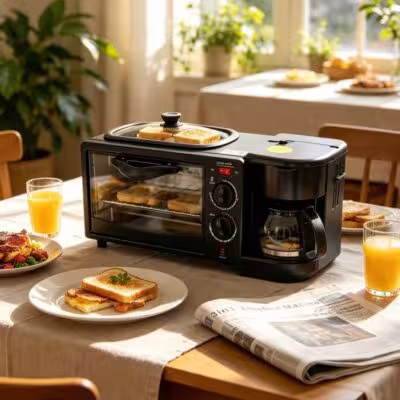 Multifunctional 3-in-1 breakfast maker with a 600 ml coffee machine, a 9 L oven, and a fryer.