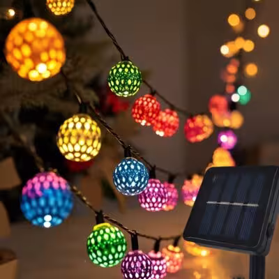 Moroccan style solar-powered LED string lights with balls, 20/30/50 bulbs, for outdoor decoration