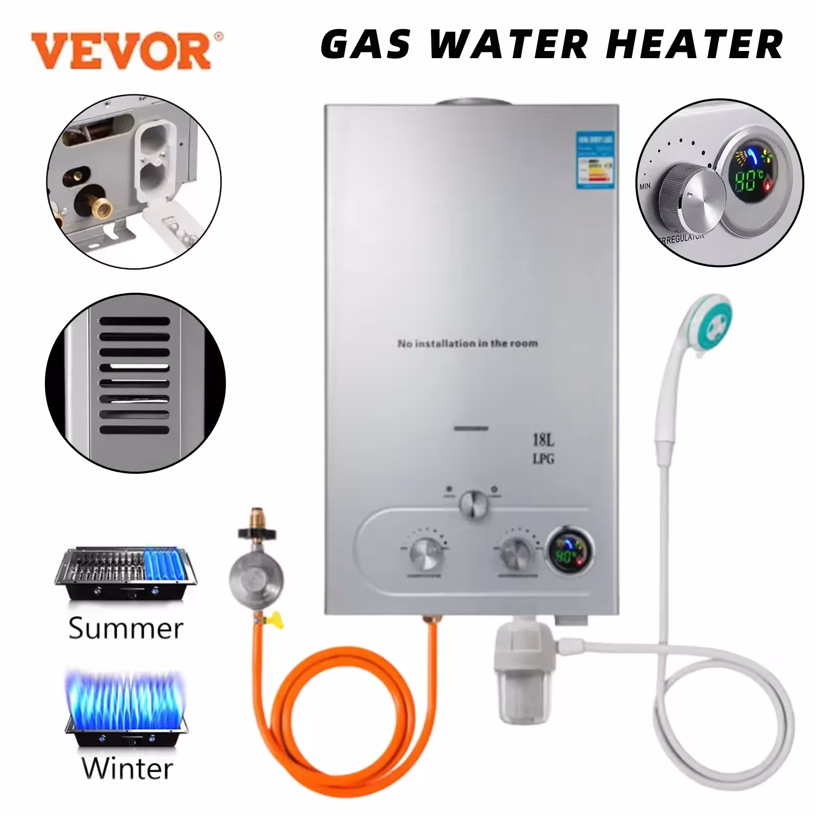 Calentador de agua permeable de gas VVOR 6L-18L, propano LPG, montaje en pared, pantalla LED, conjunto de ducha