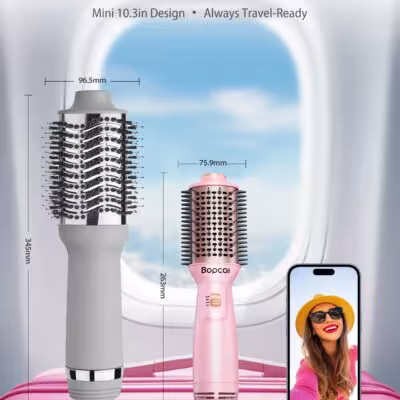 Travel 4-in-1 Hair Dryer Brush 75mm with ionization and dual 100-240V voltage, compact and lightweight for everyday use.