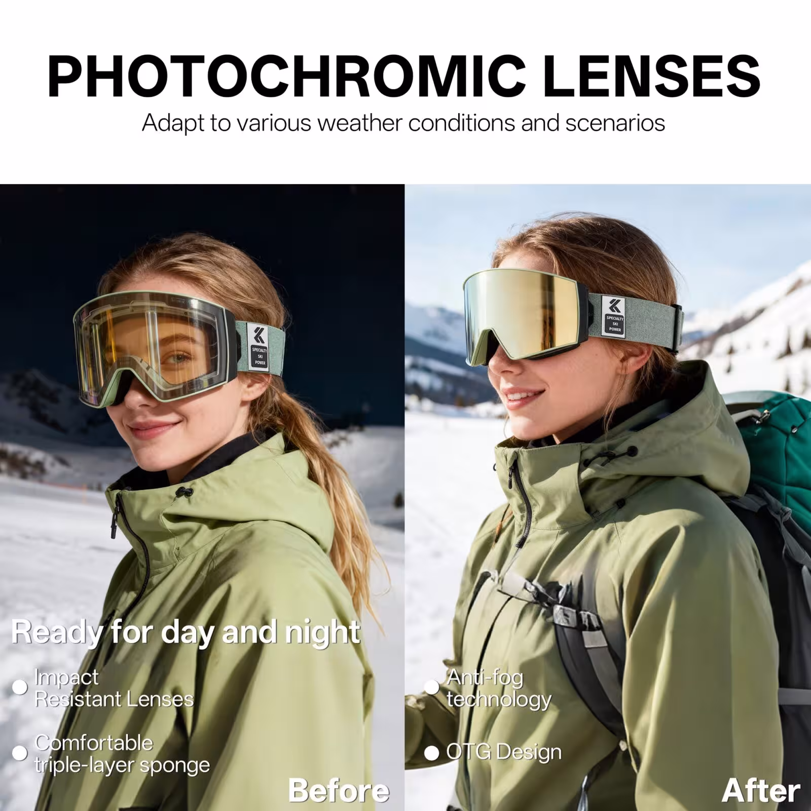 Kapvoe fotochrominiai slidinėjimo akiniai su magnetiniais lęšiais nuo rasojimo UV400