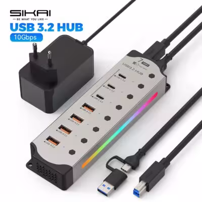 Hub USB en aluminium à 7 ports 10Gbps USB-C et USB-A avec adaptateur d'alimentation 12V