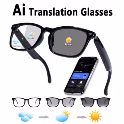 Lunettes audio intelligentes avec traduction via application, lecture de musique, appels téléphoniques, contrôle tactile et verres photochromiques.