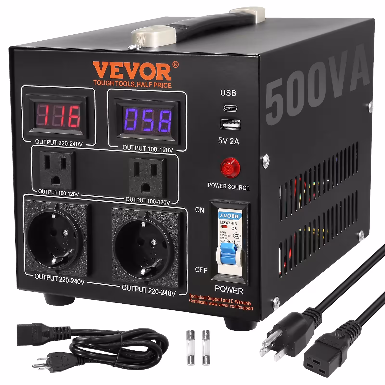 SucceBuy įtampos keitiklis transformatorius 500VA-5000VA su US ir EU lizdais, USB prievadu