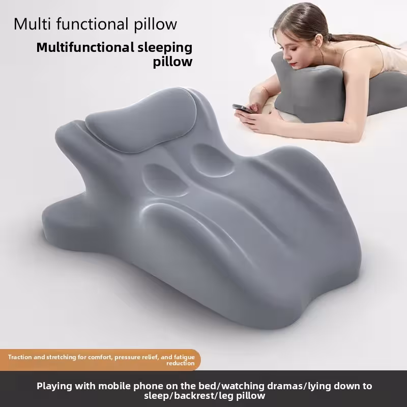 Multifunctional pillow for sleeping on your stomach, using your phone in bed, designed for couples, providing neck, back, and lumbar support.