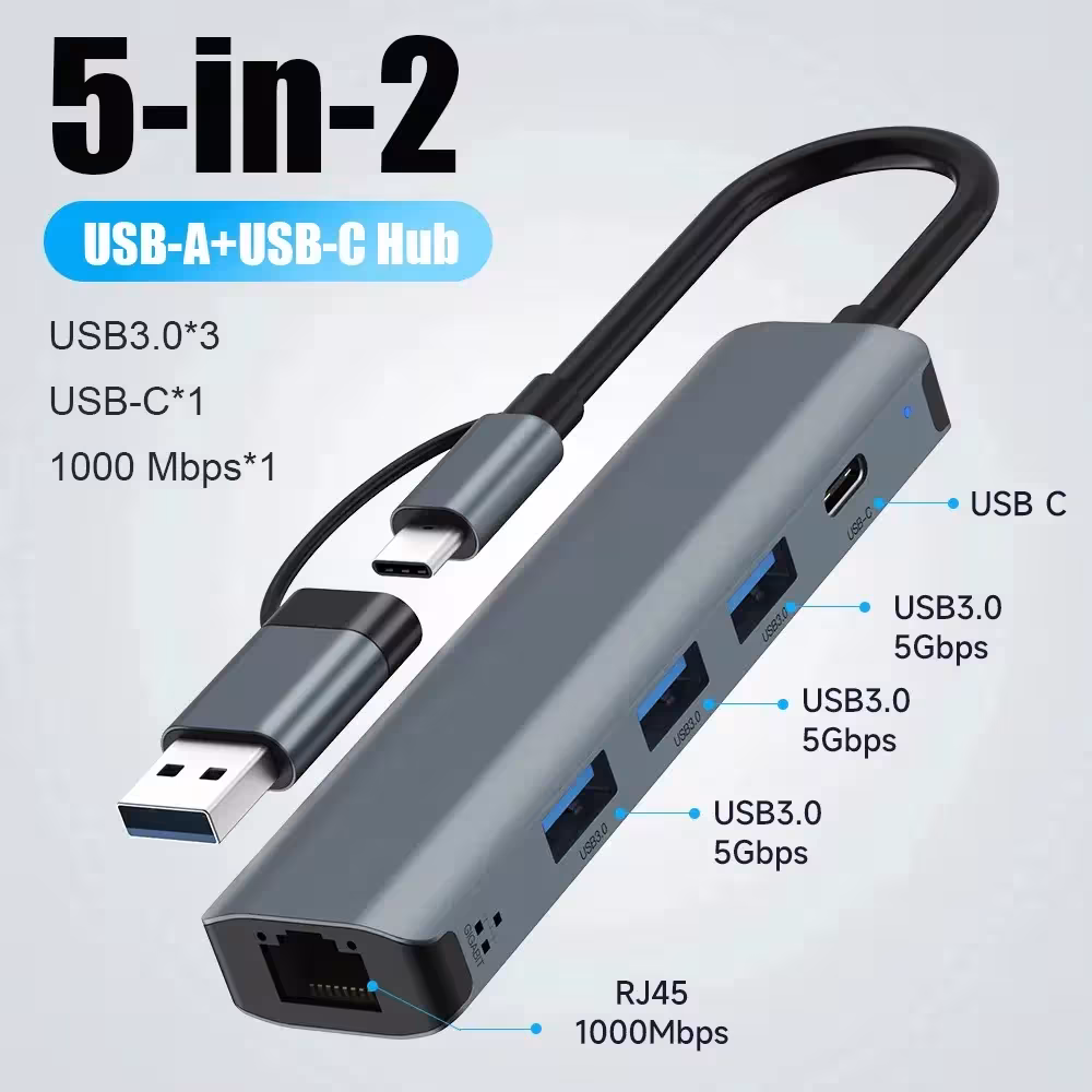 Divisor USB C con USB 3.0, Ethernet Gigabit RJ45 y puertos USB-A para ordenadores MacBook Pro