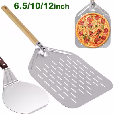 Metallische Pizza-Schaufel in den Größen 6,5/10/12 Zoll mit Antihaftbeschichtung und Holzgriff – Werkzeug zum Heben und Versetzen von Kuchen, ideal für die Zubereitung von Pizza und Brot.