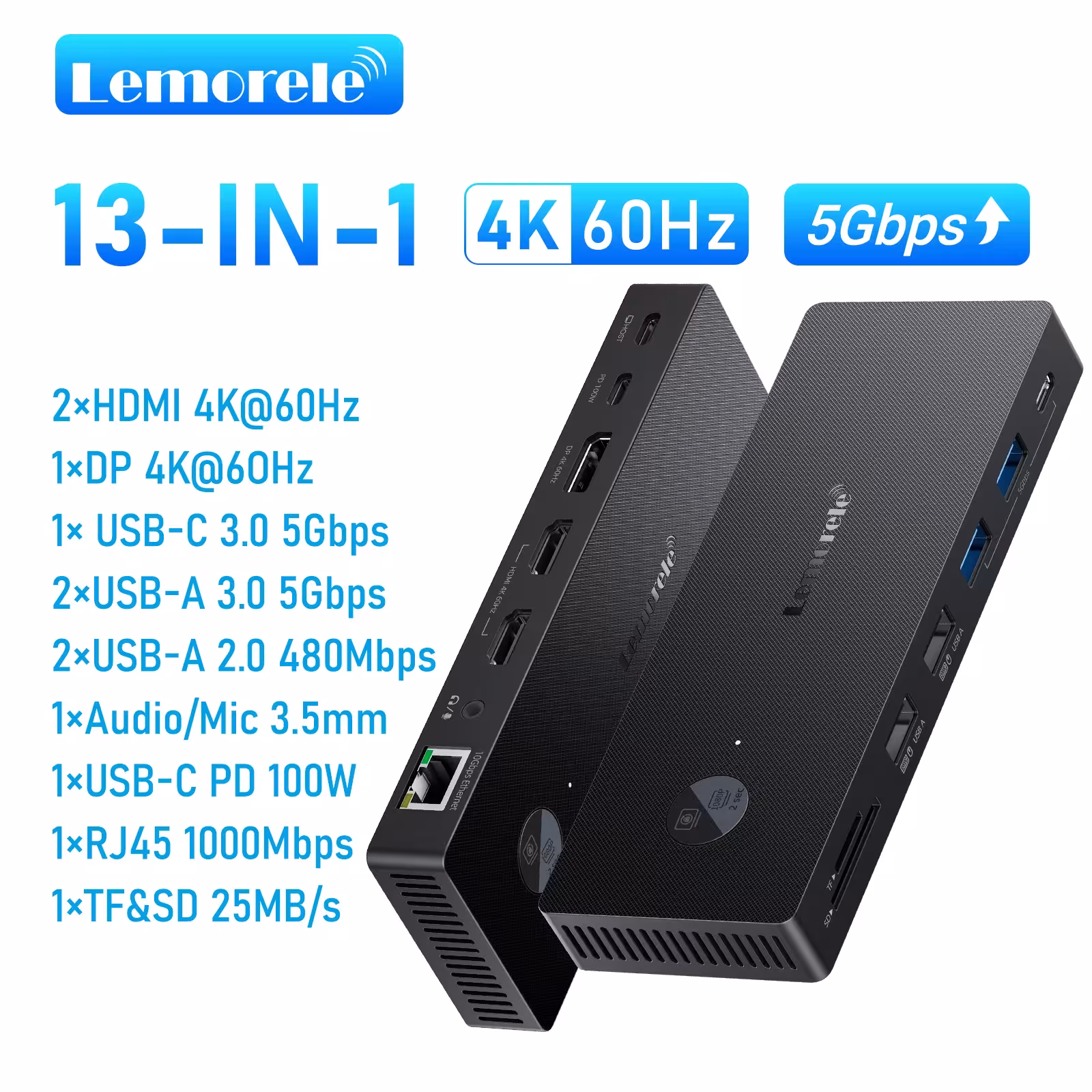 Docking station USB-C Lemorele 13in1 con adattatore HDMI DP 4K60Hz, RJ45 e ricarica PD da 100W per laptop.