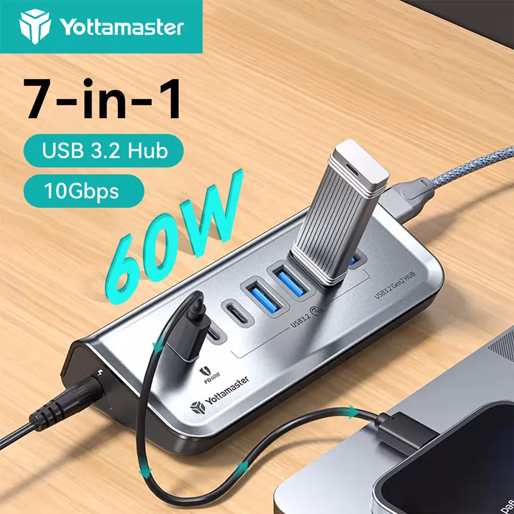 Adaptador USB Yottamaster 7 en 1 de 10 Gbps, estación de acoplamiento con carga rápida PD de 60 W, Type-C, USB-A para computadoras