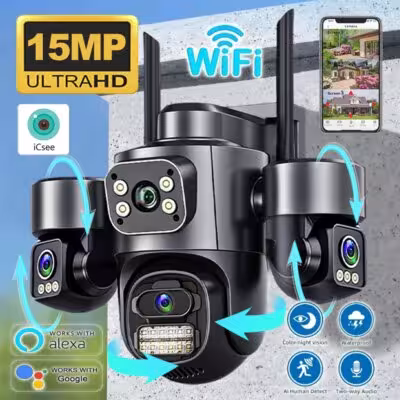 Telecamera di sicurezza da 15MP iCsee con 3 schermi, tracciamento automatico, WiFi, telecamera IP per esterni, CCTV