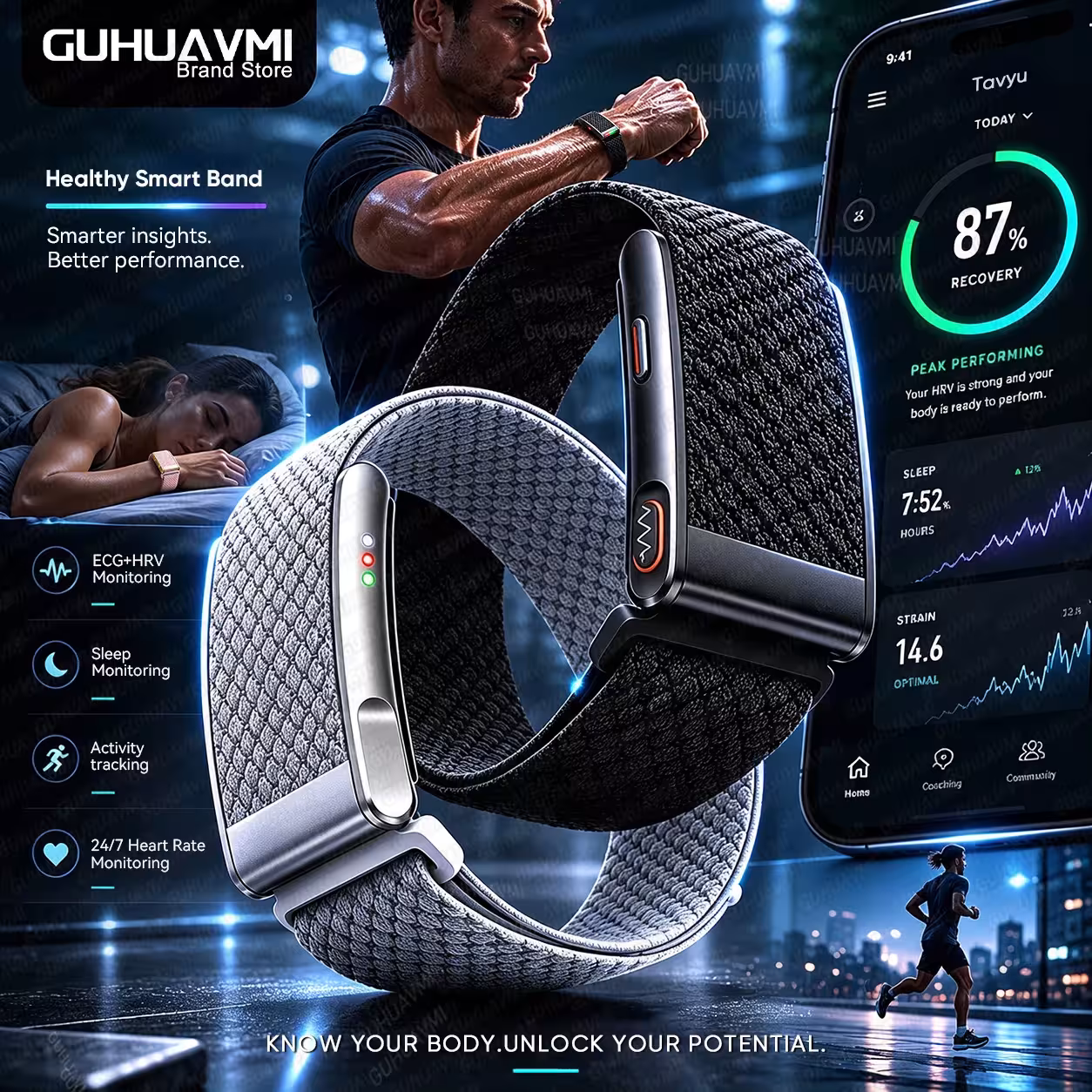 Pulsera inteligente GUHUAVMI con medición de ECG, HRV, frecuencia cardíaca, presión arterial y temperatura corporal, resistente al agua hasta 3ATM