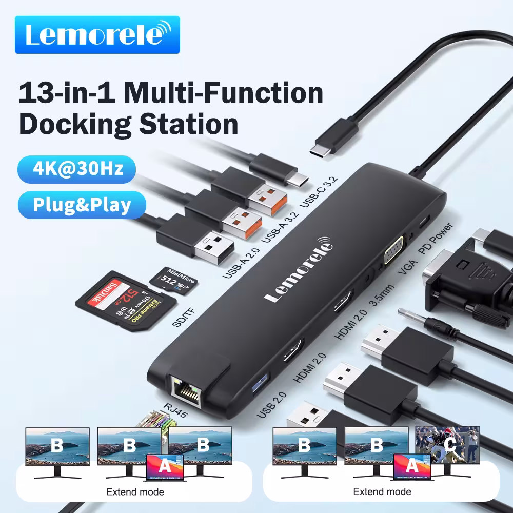 Lemorele 13-in-1 USB-C dokavimo stotelė su 4K Dual HDMI, VGA, Gigabit LAN, SD kortelių skaitytuvu MacBook ir Windows