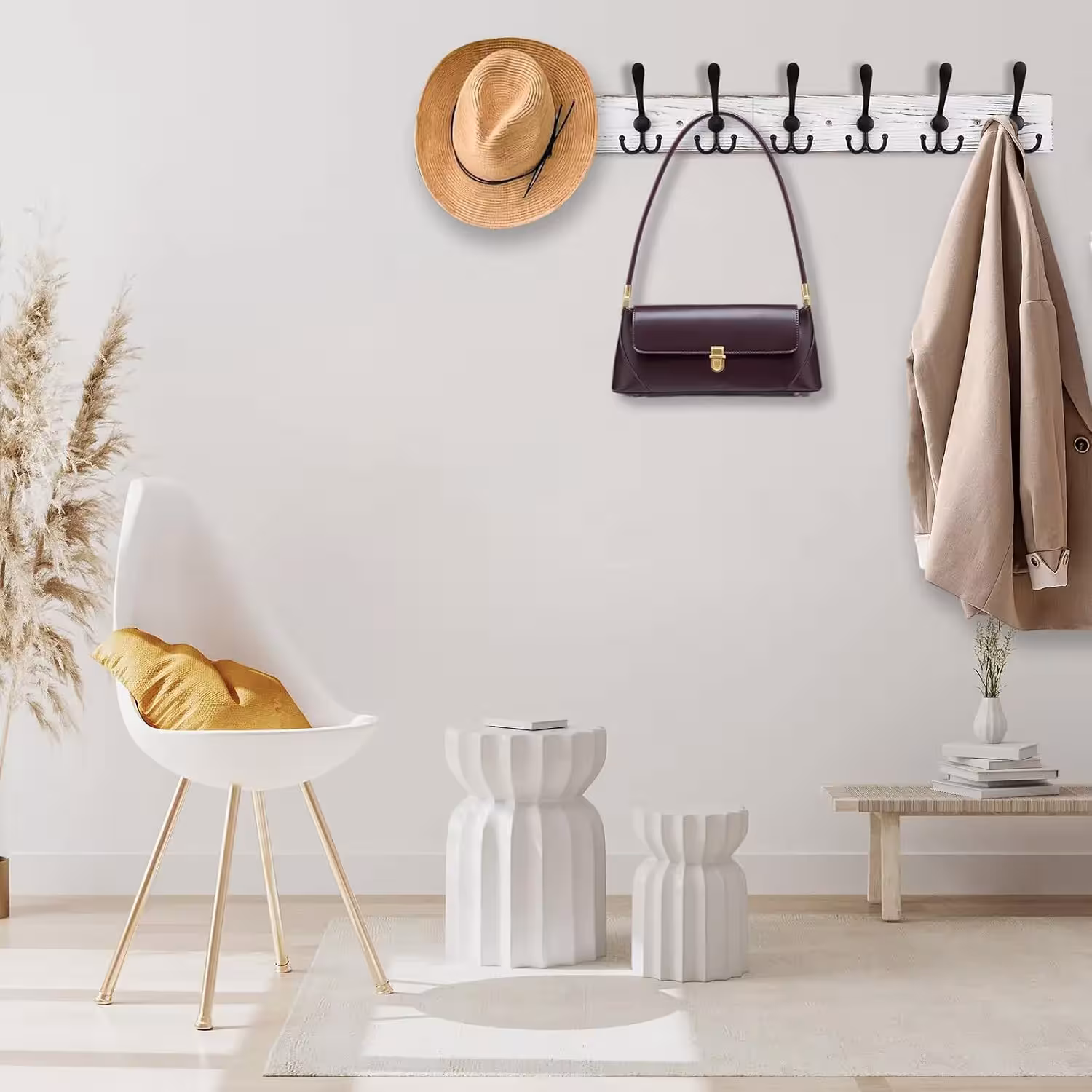 Wall-mounted coat rack with hooks
