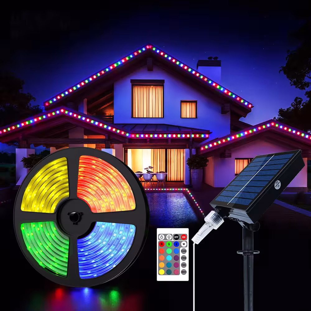 5050 RGB saulės energijos LED lauko juosta, dekoratyvi šviesų girlianda 5M, vandeniui atspari