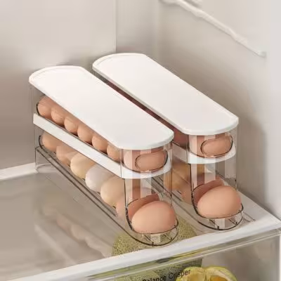 Contenedor doble para huevos en el refrigerador con soportes giratorios, organizador tipo escalón
