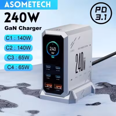 Chargeur GaN 240W 6-en-1 avec charge rapide PD3.1 PPS de 140W, écran USB-C numérique pour une recharge rapide des iPhones, MacBooks et appareils Samsung.