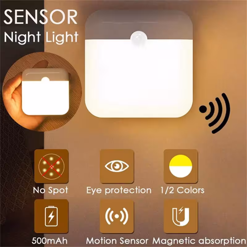 Veilleuse LED avec détecteur de mouvement, recharge USB et interrupteur, pour cuisine, escalier ou couloir.