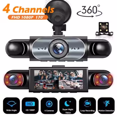 Grabadora de video para automóvil con 4 canales y 360°, con visión nocturna y monitoreo en estacionamiento.