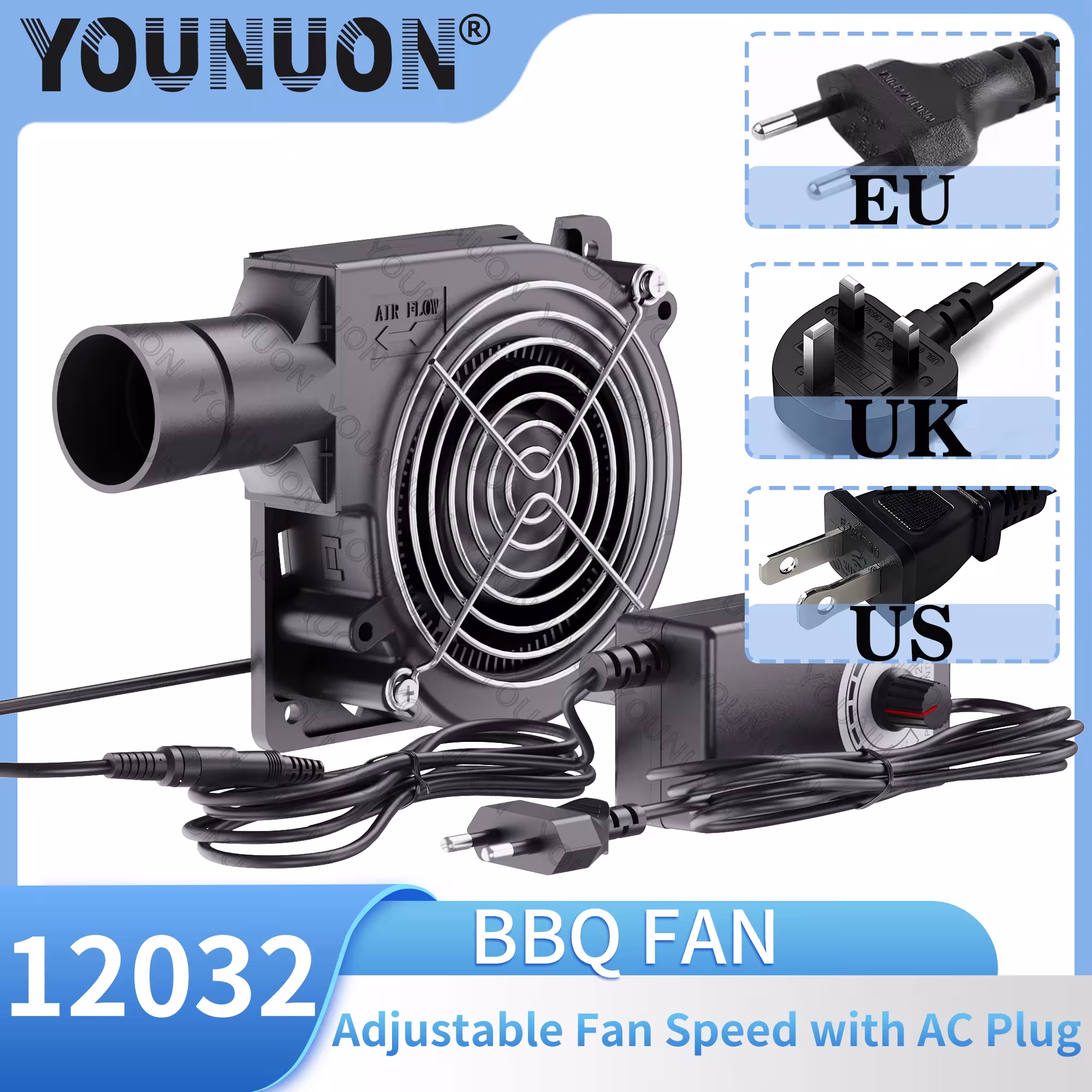 120mm x 32mm BBQ šildytuvo ventiliatorius AC 110V 220V su reguliatoriumi