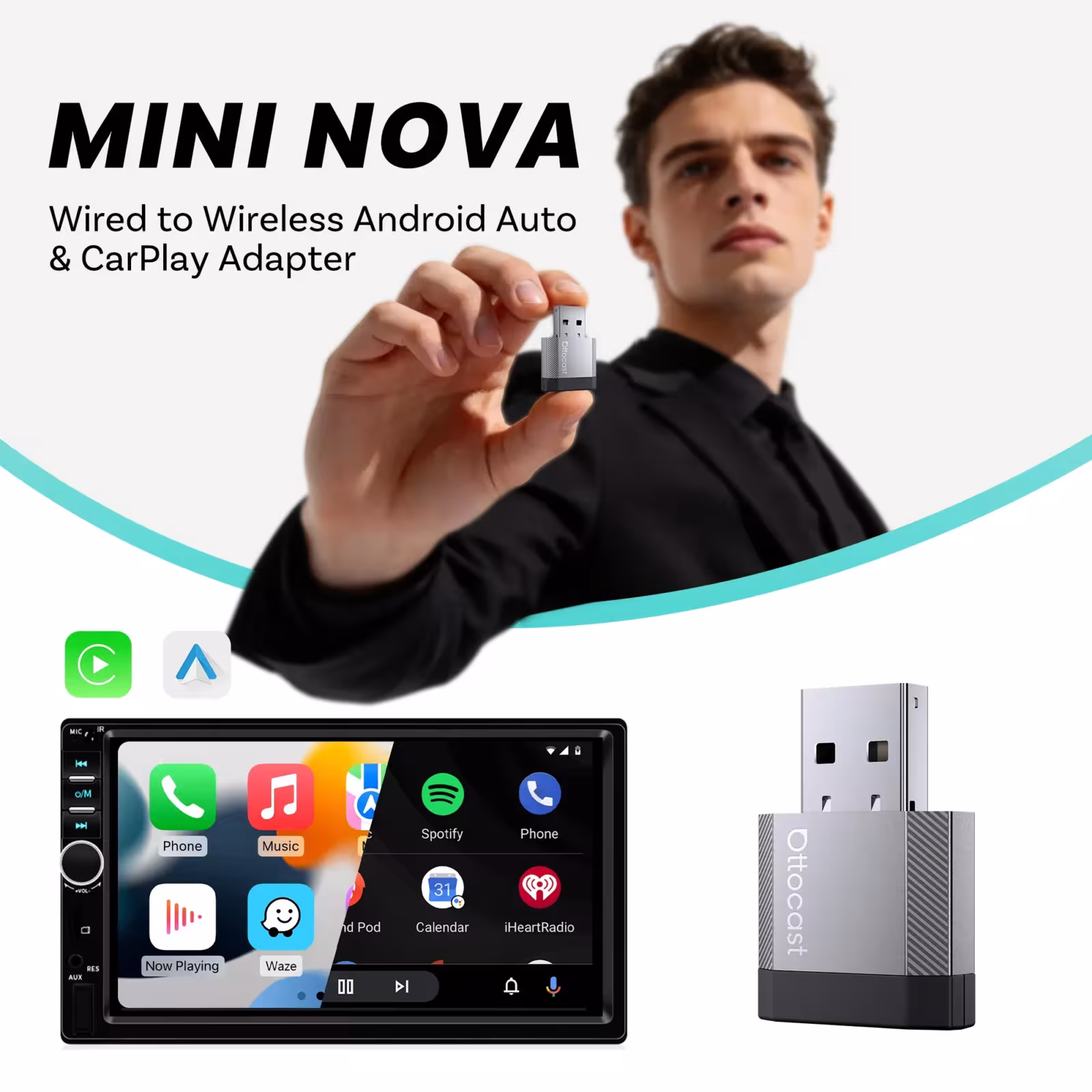 Adaptateur CarPlay et Android Auto sans fil OTTOCAST Mini Nova pour voiture, 2 en 1