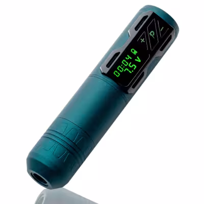 EZ P2S wireless rotary tattoo machine in pen shape, with a 1800mAh battery and matte green finish, designed for professional use.