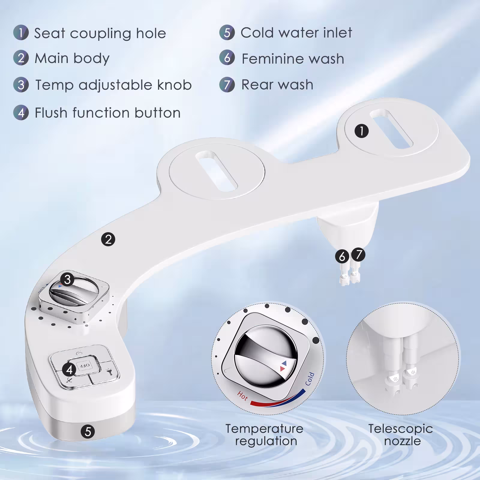 Tualeto bidet priedas be elektros su dvigubais savačiais antgaliais