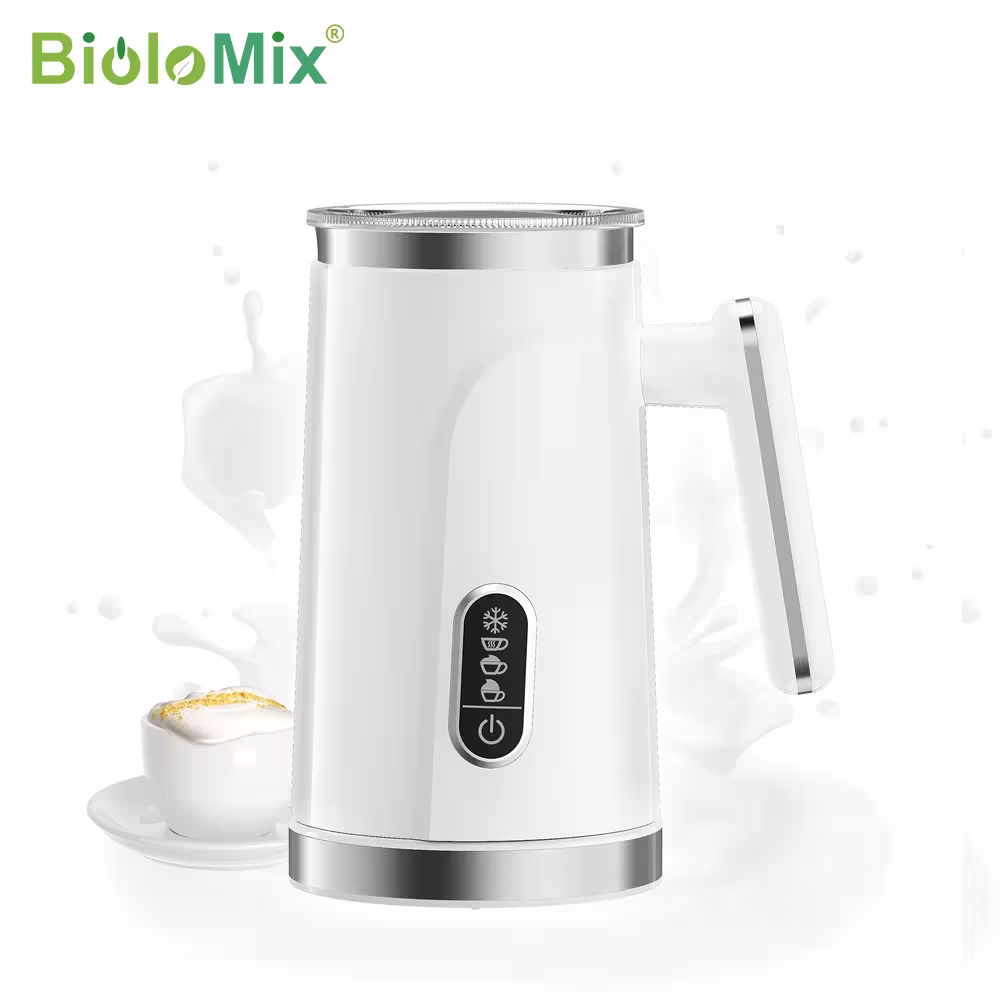 BioloMix 4-in-1 automatic hot and cold milk frother and heating device for latte, cappuccino, and hot chocolate drinks