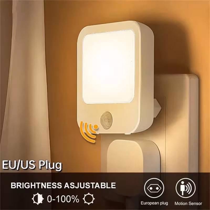 Judesio jutiklio LED naktinis šviestuvas su EU kištuku, reguliuojamas, spintelėms ir miegamajam