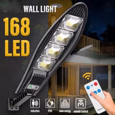 Solar-powered LED wall light with motion sensor, 3 modes, and remote control for garden or garage.