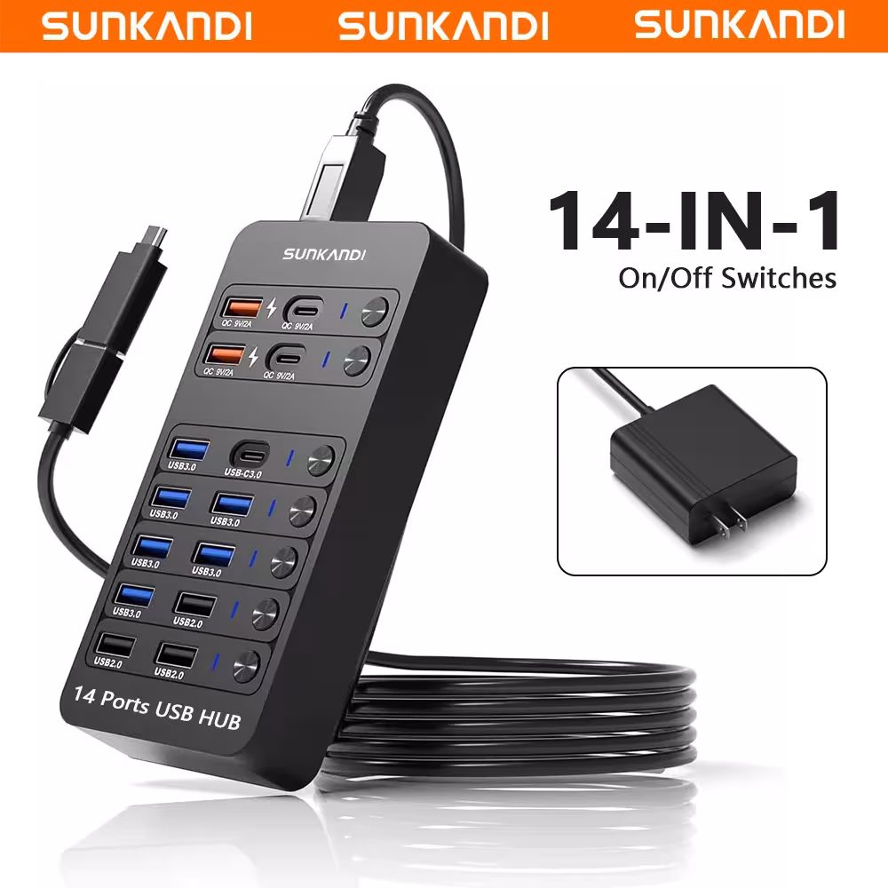 SUNKANDI 14 in 1 USB šakotuvas su LED jungikliais, USB 3.0, USB 2.0 ir USB-C jungtimis kompiuteriui