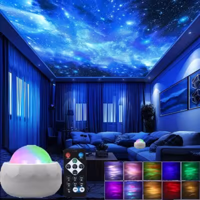 LED Aurora žvaigždėto dangaus projektorius su USB RGB 7 režimais 360° sukimu ir nuotolinio valdymo pultu namams