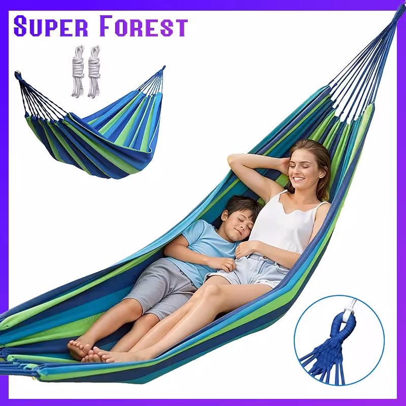 Double matériau suspension de coton avec sangles en bois vert bleu