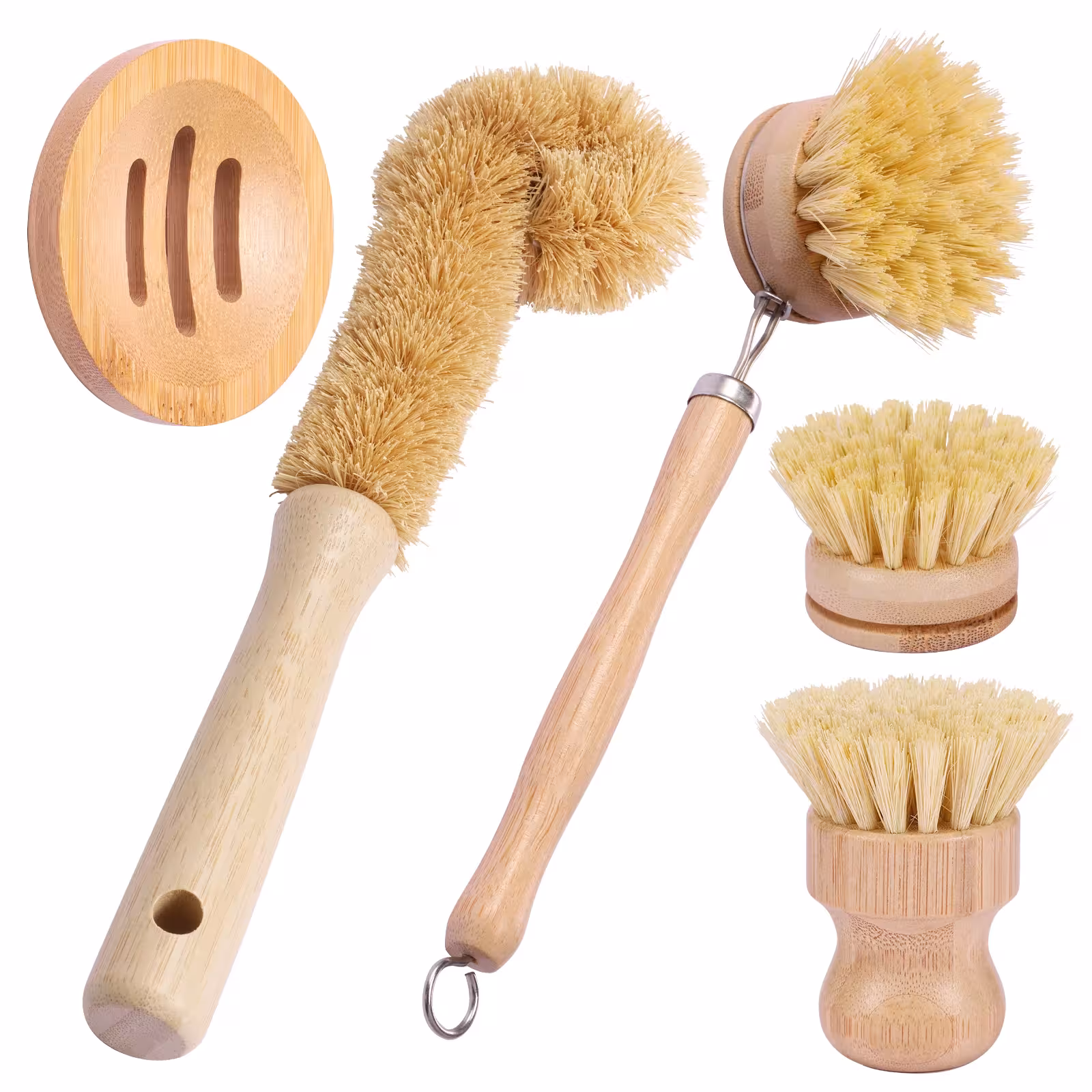 Jeu de brosses à vaisselle en bambou 4/5 pièces avec long manche, brosse dure pour la cuisine