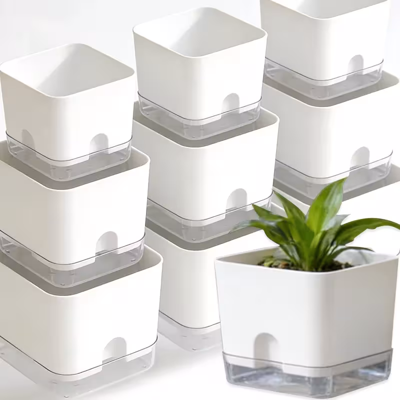 Élégant pot carré autonettoyant blanc avec double fond pour les fleurs à l'intérieur, à l'extérieur et sur le balcon, 3 tailles