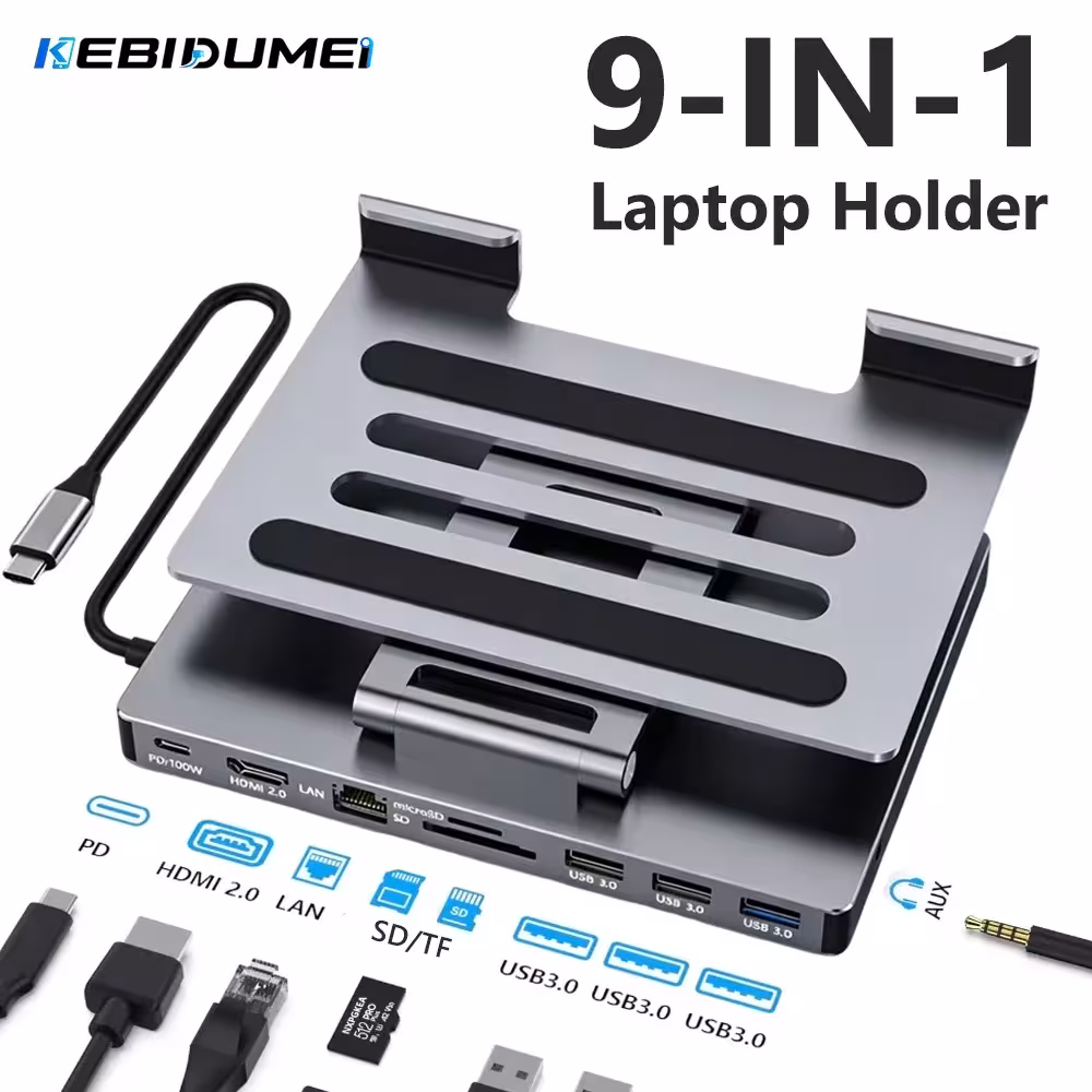 Adaptateur USB C 9 en 1 avec station d'accueil, Gigabit RJ45, HDMI 4K, PD 100W, pour ordinateur portable