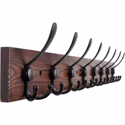Large wall-mounted coat rack made of natural pine wood with 8 black metal triple hooks
