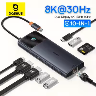 Baseus USB-C šakotuvas 10-in-1 su dvigubu HDMI 8K/4K, RJ45, SD/TF ir PD 100W MacBook kompiuteriams