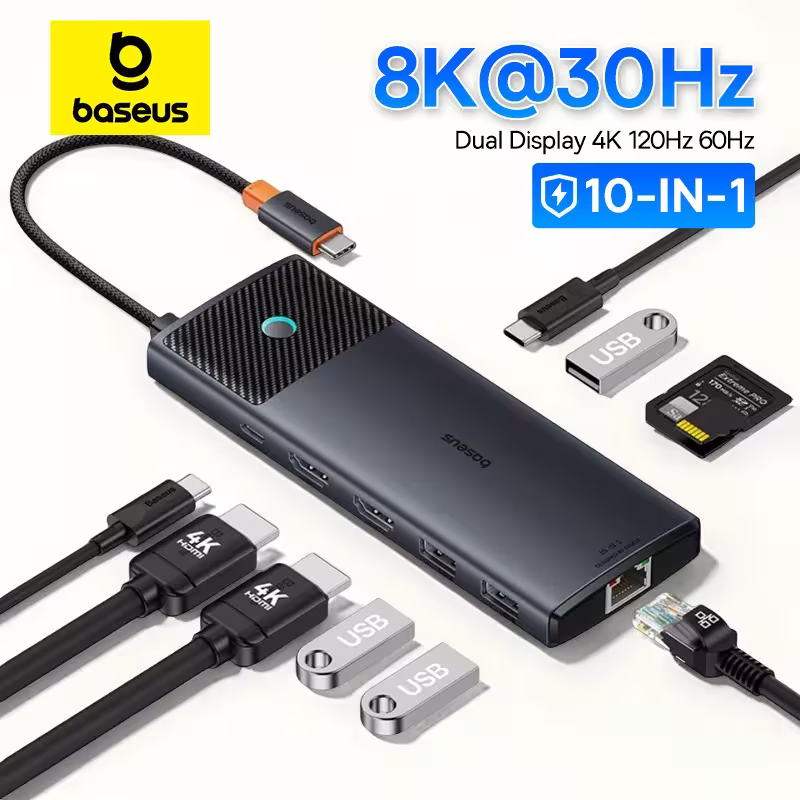 Baseus USB-C šakotuvas 10-in-1 su dvigubu HDMI 8K/4K, RJ45, SD/TF ir PD 100W MacBook kompiuteriams