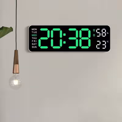 Gran reloj de pared digital de 9 pulgadas con alimentación USB, que muestra la temperatura y la humedad, con ajuste automático del brillo y alarma LED.