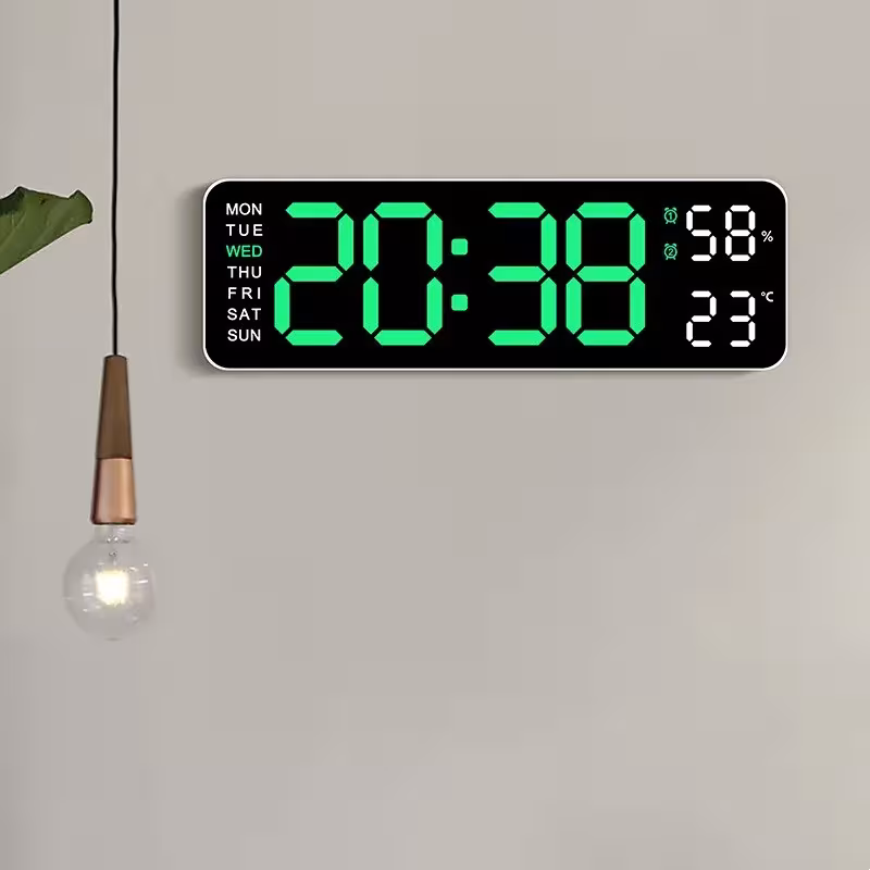 Large 9-inch digital wall clock with USB power, temperature and humidity display, automatic brightness adjustment, and LED alarm.
