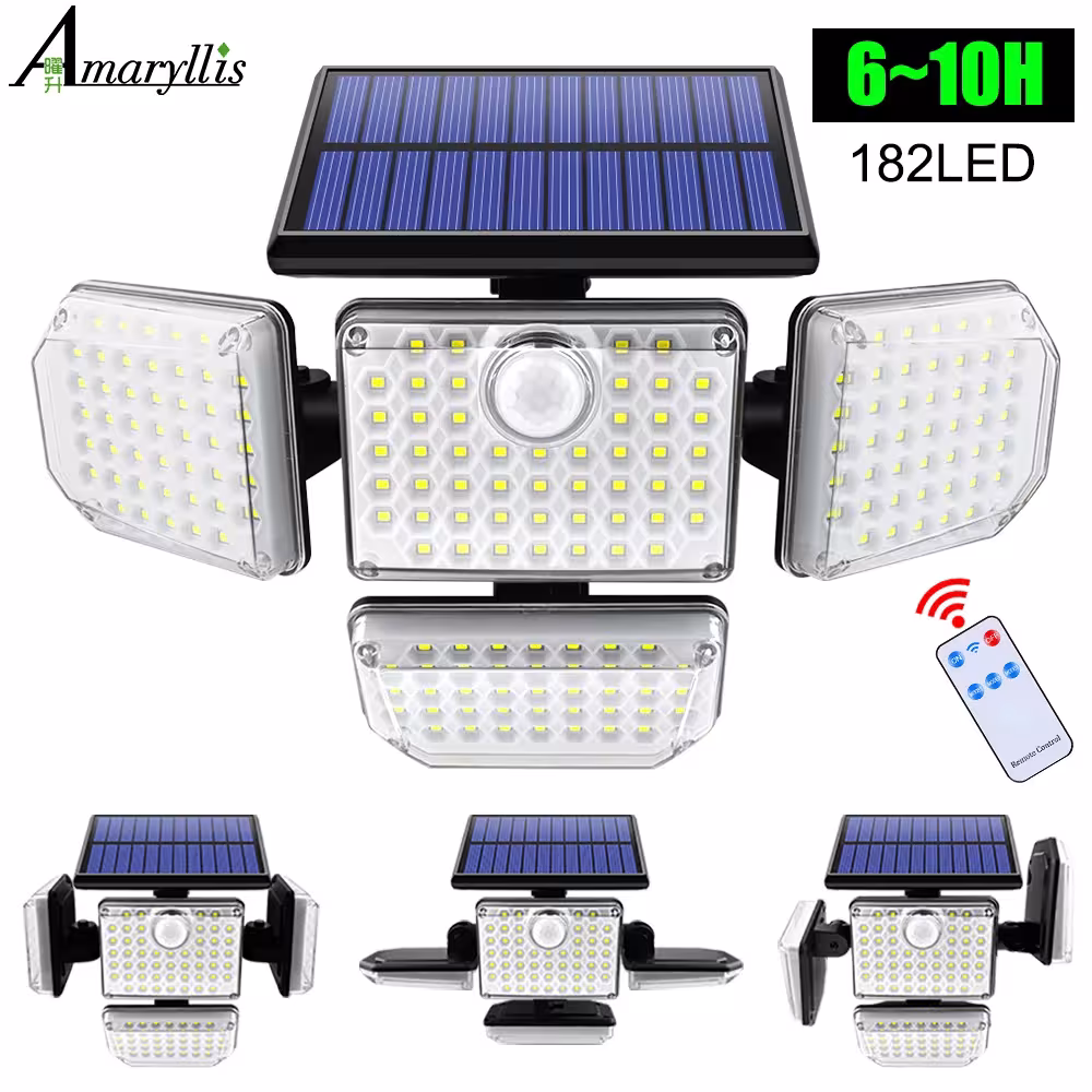 Foco de seguridad para exteriores con 182/112 LED, funciona con energía solar, con 3 modos y cabezal ajustable, ideal para garaje, jardín o patio.