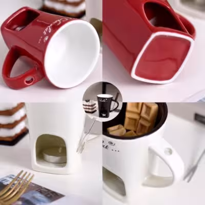 Copa de cerámica con calefacción para queso y chocolate con tenedor