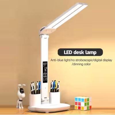 Lámpara de escritorio LED recargable de 180° con reloj, atenuación, giratoria y plegable, luz nocturna USB