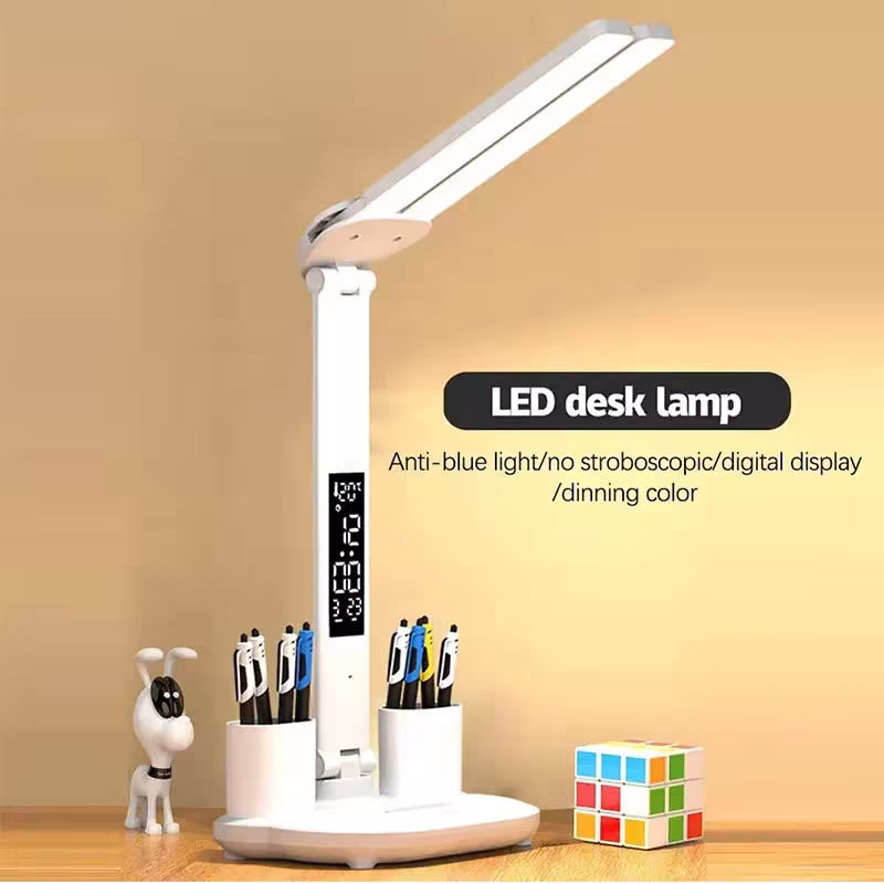 Lámpara de escritorio LED recargable de 180° con reloj, atenuación, giratoria y plegable, luz nocturna USB