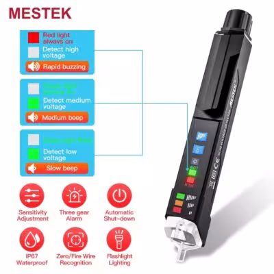 Détecteur de tension sans contact MESTEK AC 12V-1000V avec lampe de poche LED