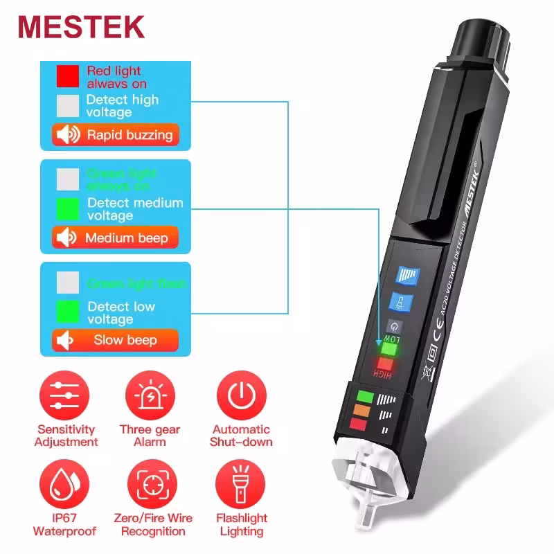 Détecteur de tension sans contact MESTEK AC 12V-1000V avec lampe de poche LED