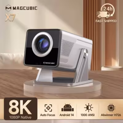 Proyector inteligente Magcubic X7, compatible con Android 14, soporte para 8K, 1080P, 1000 ANSI, enfoque automático y corrección de distorsión.