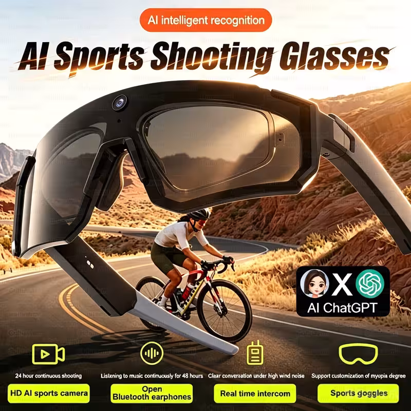 2026 smart sports glasses with an integrated 800W HD camera and vibration protection for bicycles